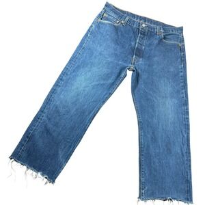 Levi's 501 Mens 38x30 Blue Medium Wash Raw Hem Frayed Straight Leg Casual Jeans